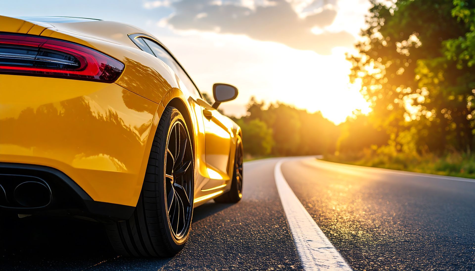 Voiture de sport jaune sur une route sinueuse, avec un coucher de soleil en arrière-plan.