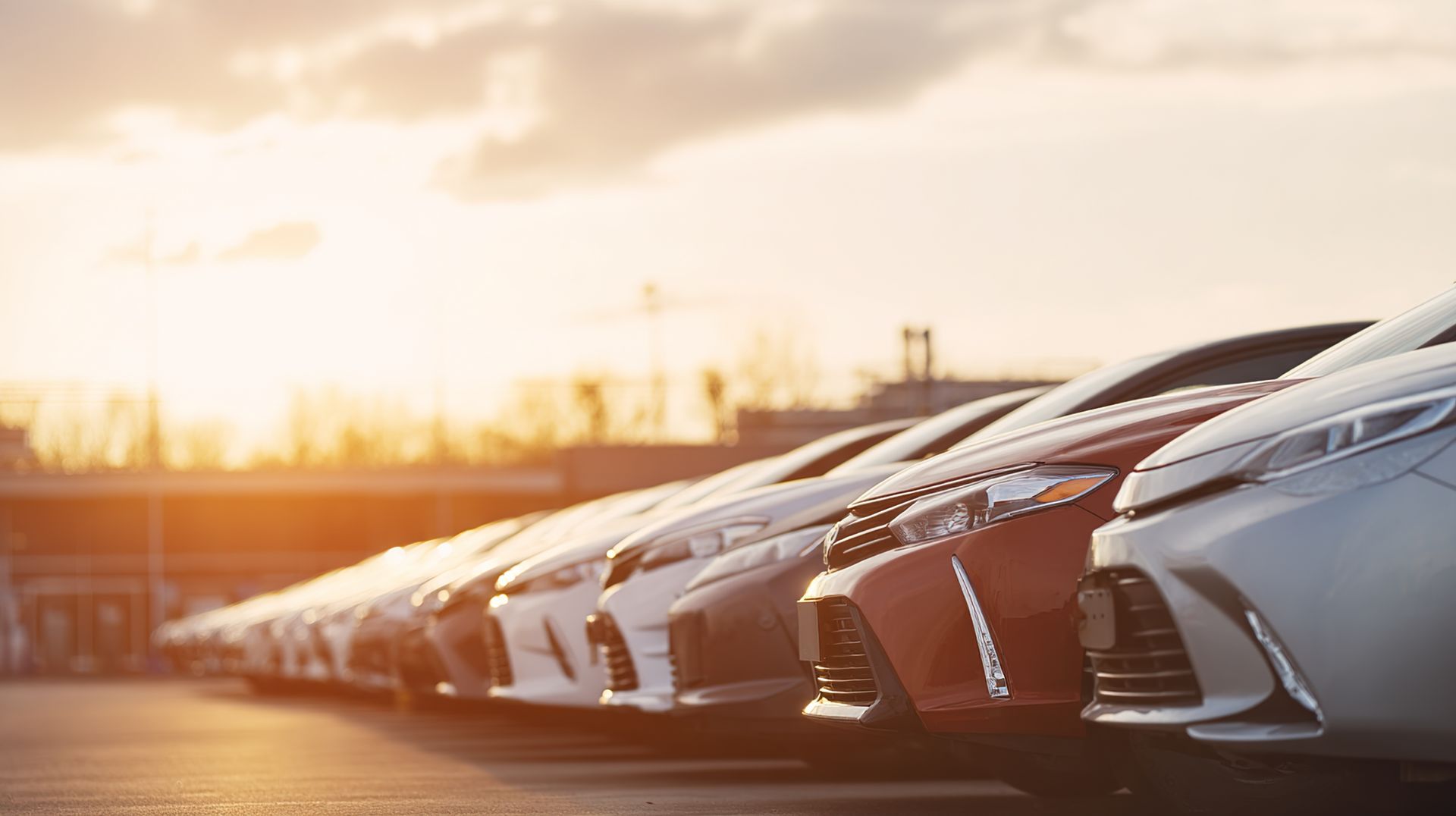 Voitures garées en file indienne au coucher du soleil ; vues de face des véhicules, phares visibles.