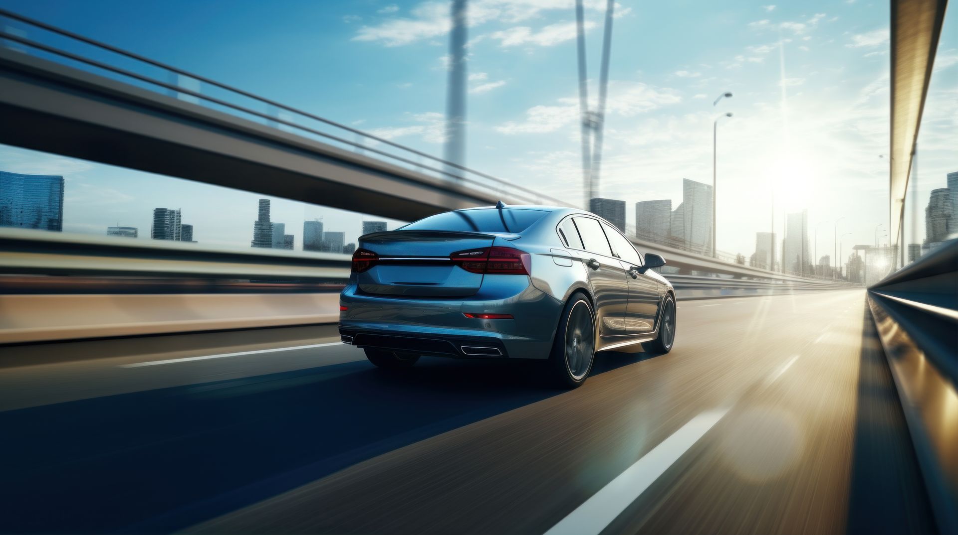 Une berline argentée roule sur un pont en direction de la ligne d'horizon de la ville, par une journée ensoleillée.