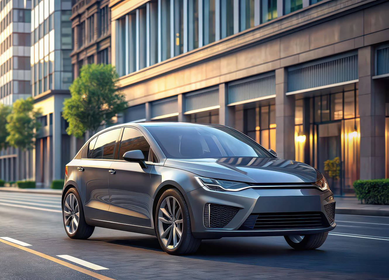 Voiture électrique grise circulant dans une rue de la ville, près des bâtiments.