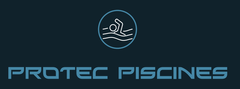 Page d'accueil Logo de Protec Piscines : un nageur dans un cercle au-dessus du nom de l'entreprise, en police bleue sur fond bleu sarcelle foncé.
