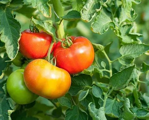 Tomates rojos maduros en una vid con hojas verdes; algunos son verdes y amarillos.