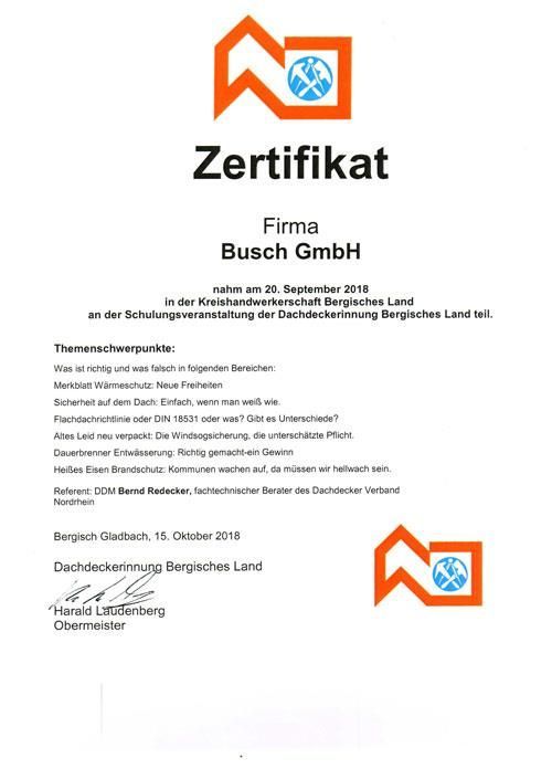 Ein Zertifikat mit der Aufschrift „Zertifikat Firma Busch GmbH“