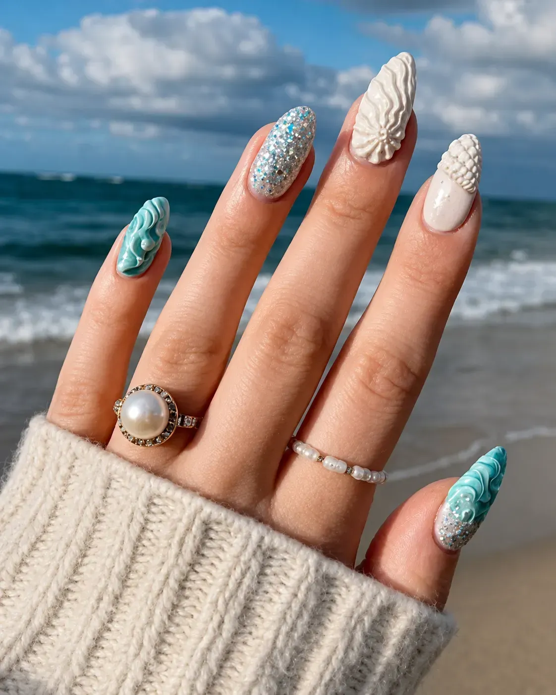 Una mano con uñas adornadas con joyas y anillos, sostenida en una playa con olas y un cielo nublado al fondo.