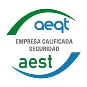 Logotipo con “aeqt” en azul, “aest” en verde y “EMPRESA CALIFICADA SEGURIDAD” en gris.