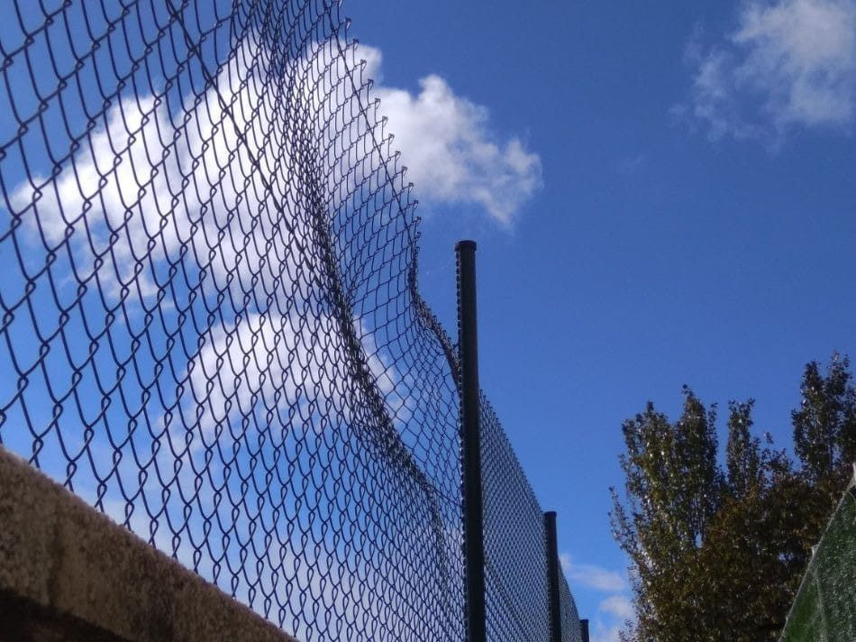 Valla de alambre contra un cielo azul brillante con algunas nubes y un atisbo de un árbol.