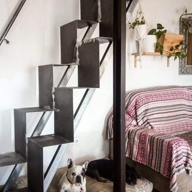 Escalera de metal con dos perros descansando debajo, junto a un sofá con una manta estampada.