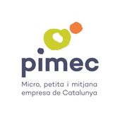 PIMEC logo: dark blue text over a green, orange, and blue design; text below says