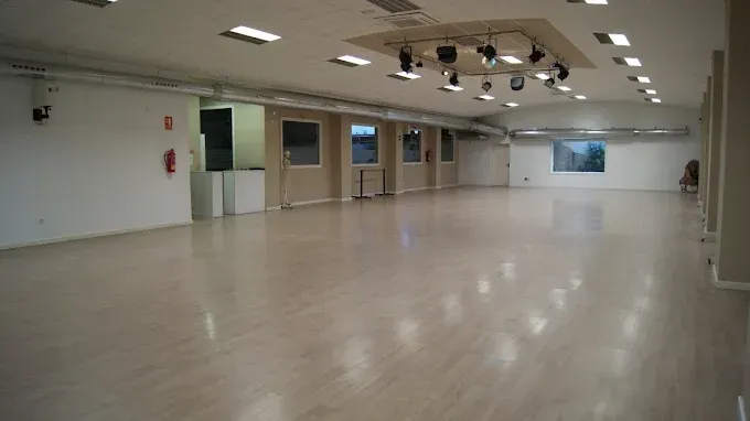 Sala de conferencias vacía y luminosa, con suelo de madera, luces en el techo y ventanas en la pared.