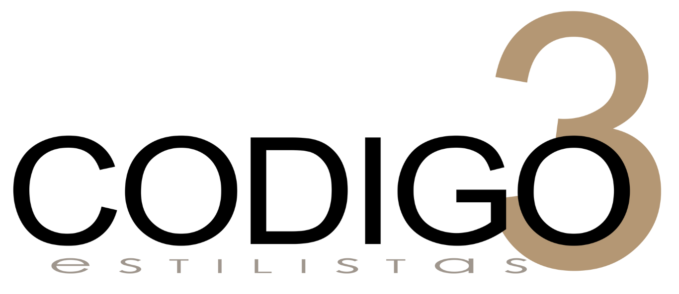 Logotipo con la inscripci&oacute;n &ldquo;CODIGO&rdquo; y el n&uacute;mero &ldquo;3&rdquo; en color beige, y debajo &ldquo;ESTILISTAS&rdquo; en color gris sobre fondo blanco.