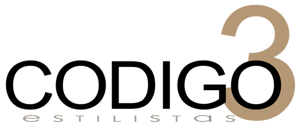 Logotipo con la inscripción “CODIGO” y el número “3” en color beige, y debajo “ESTILISTAS” en color gris sobre fondo blanco.