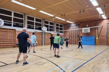 Eine Gruppe von Leuten spielt Volleyball in einer Turnhalle.