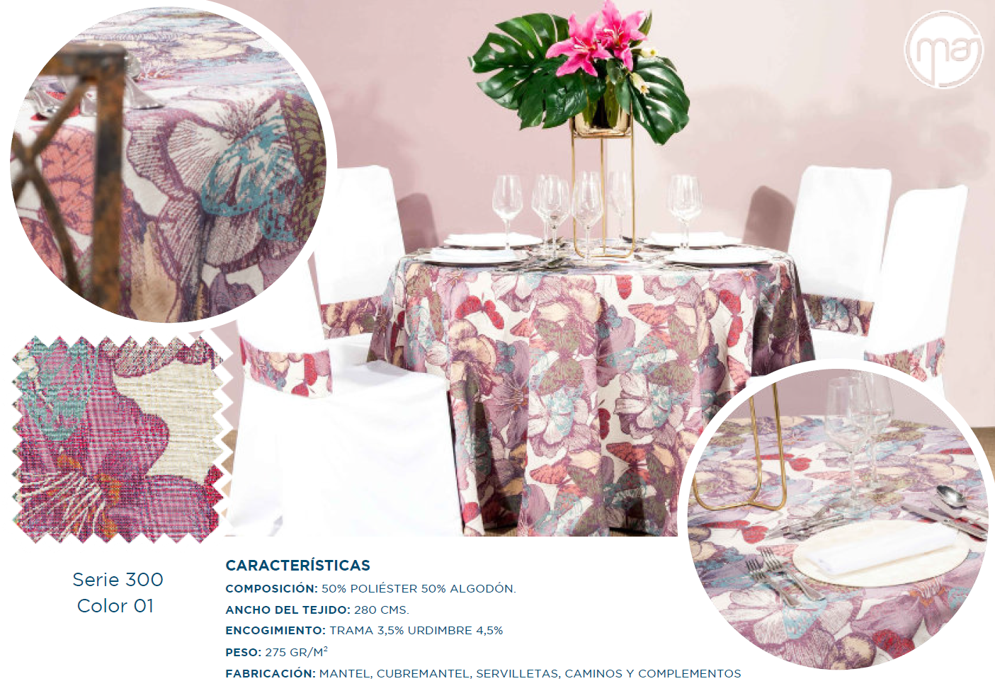 Una mesa con un mantel y sillas y un jarrón con flores encima.