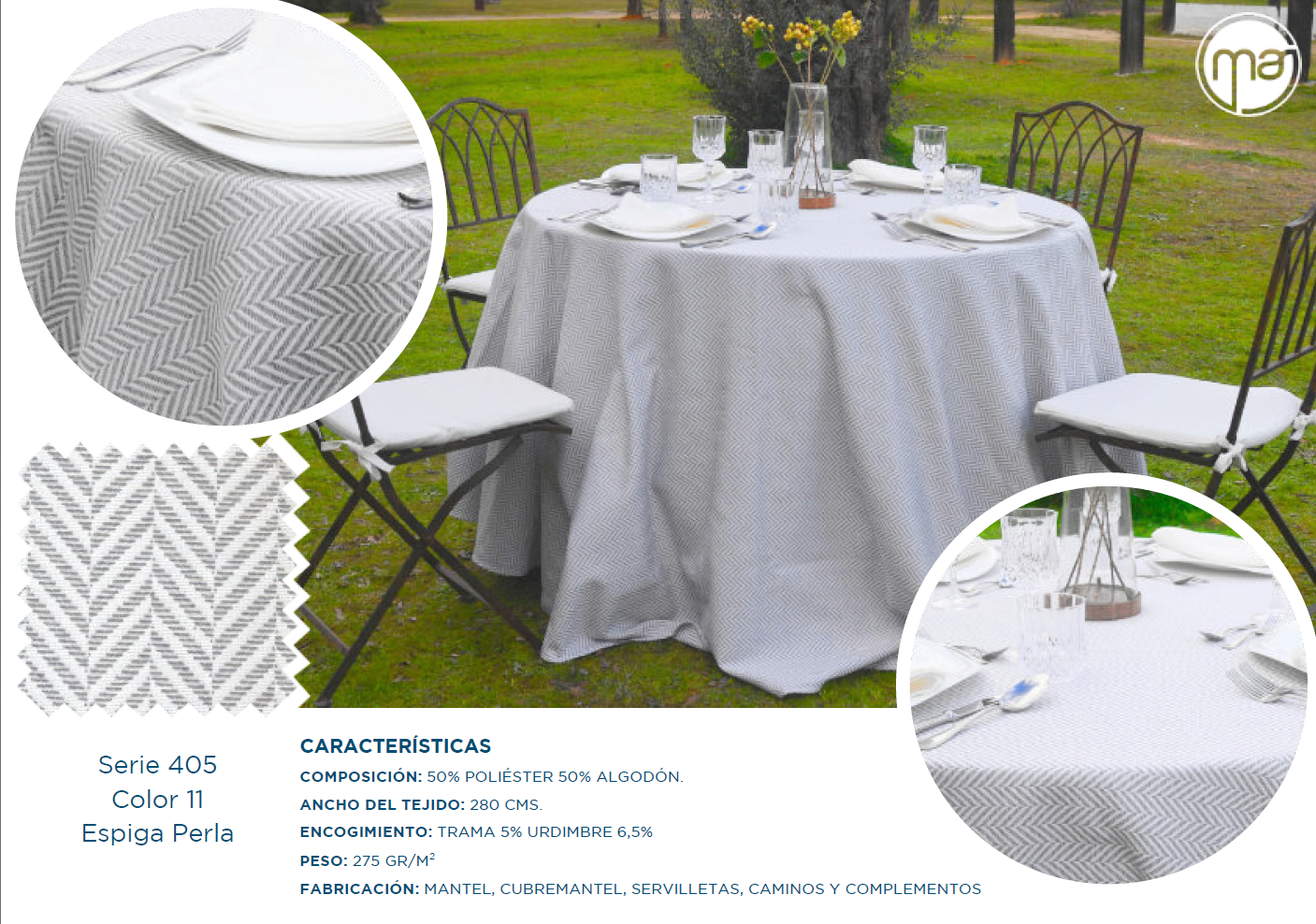 Una mesa redonda con un mantel blanco y sillas.
