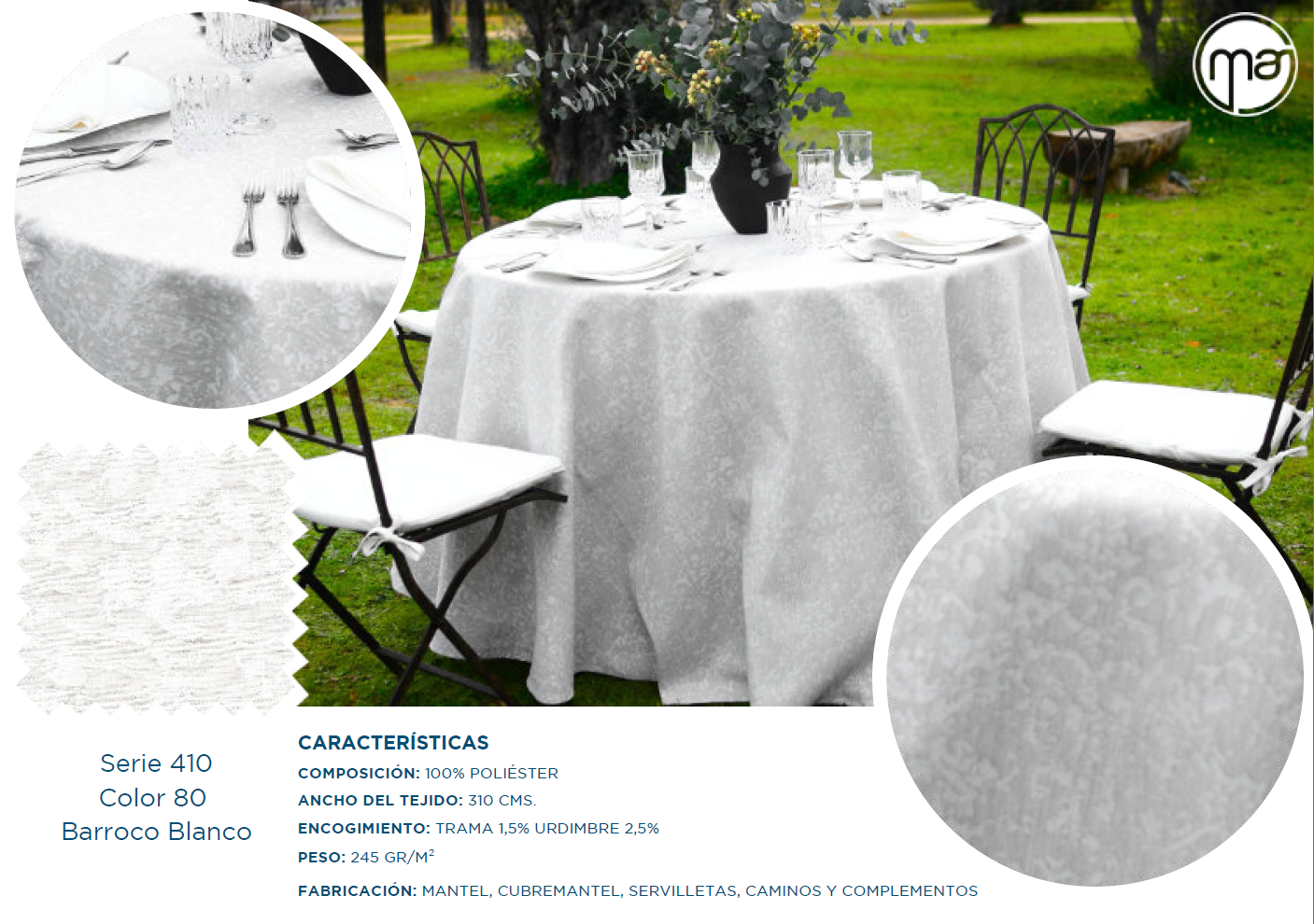Una mesa con un mantel blanco y sillas en el césped.