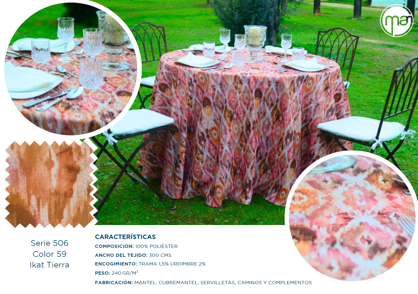Una mesa redonda con un mantel rosa y sillas.