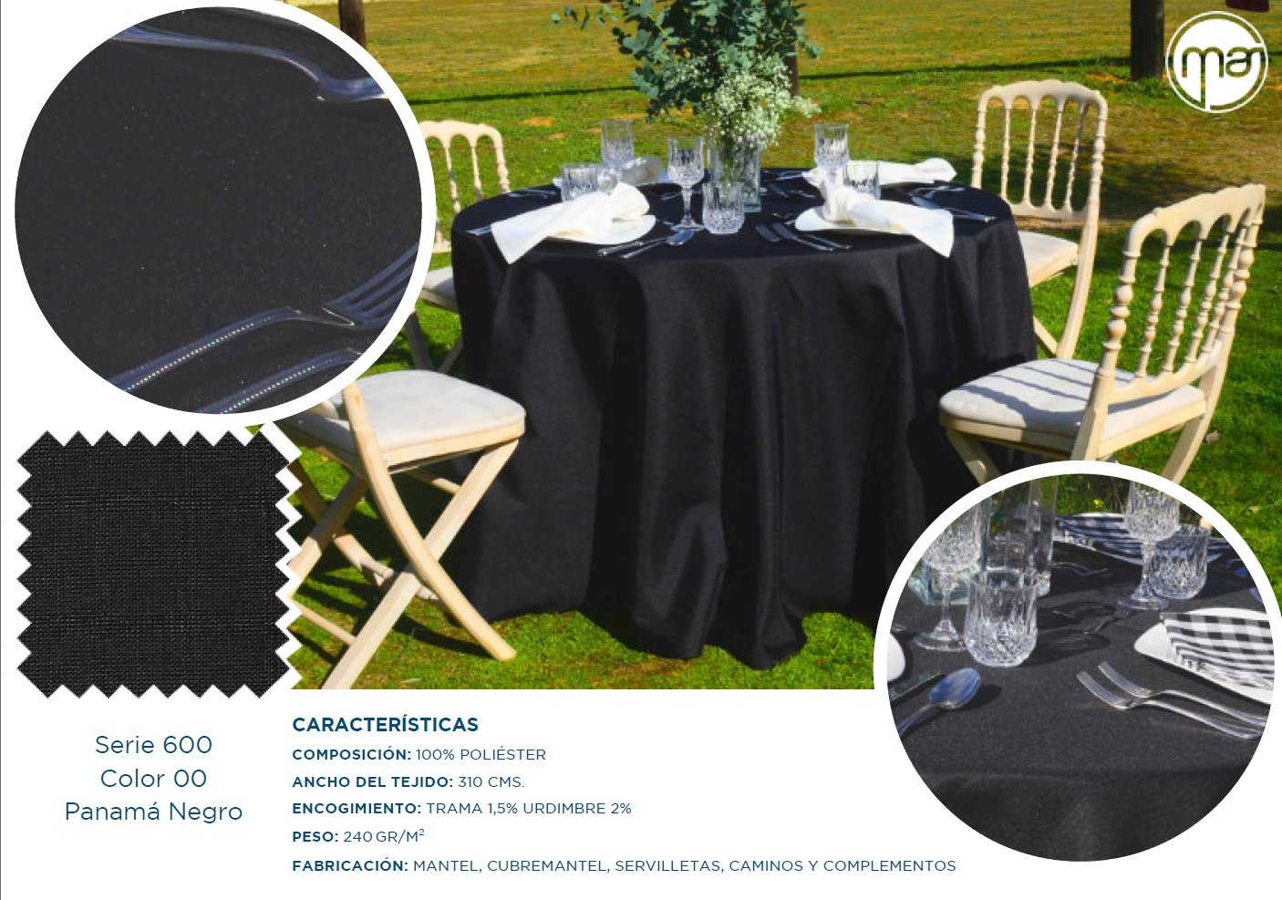 Una mesa con un mantel negro y sillas.