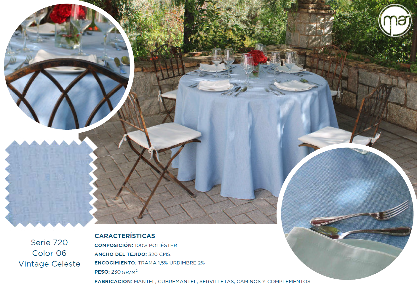 Una mesa con un mantel azul claro y sillas.