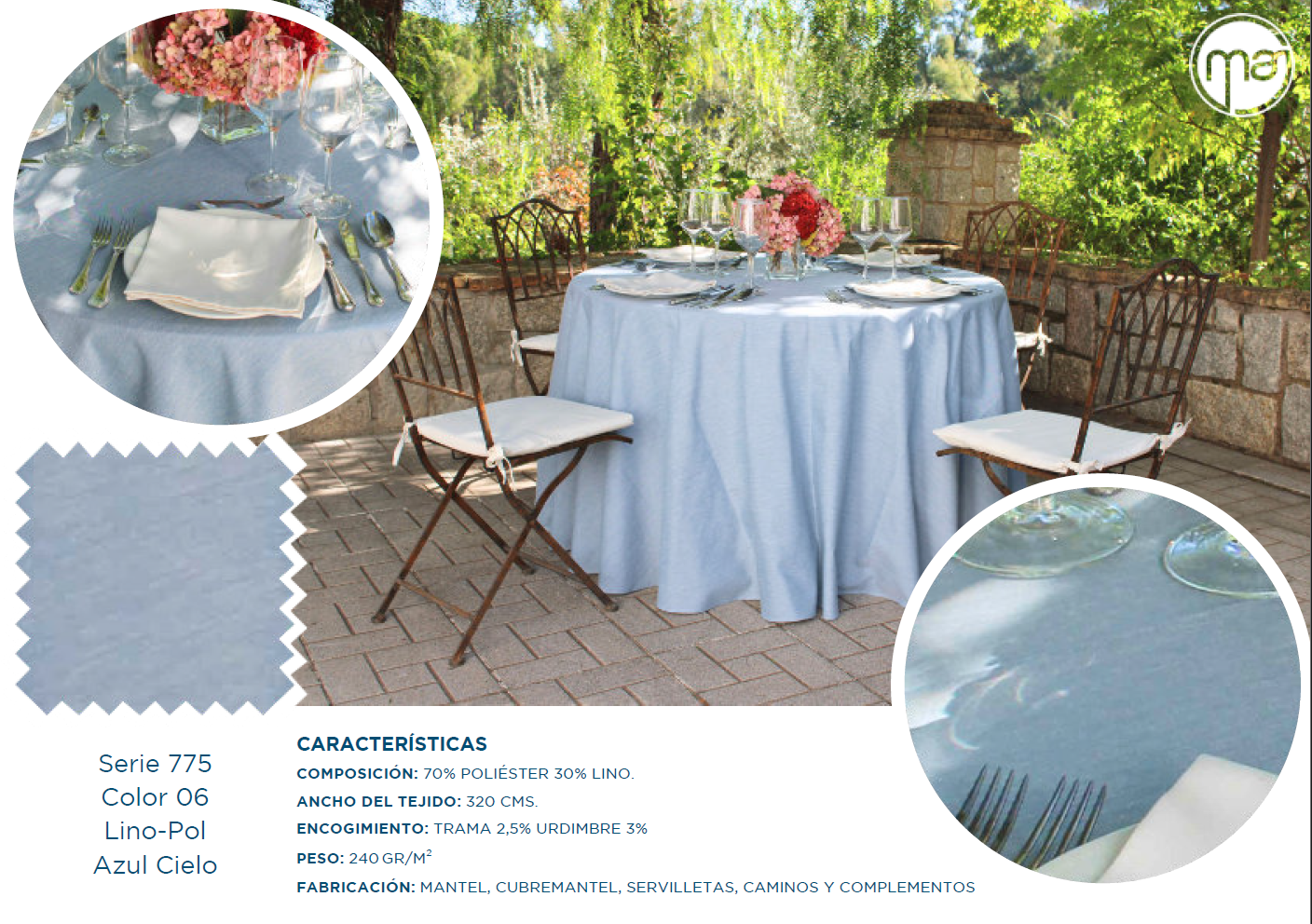 Una mesa con un mantel azul claro y sillas plegables.