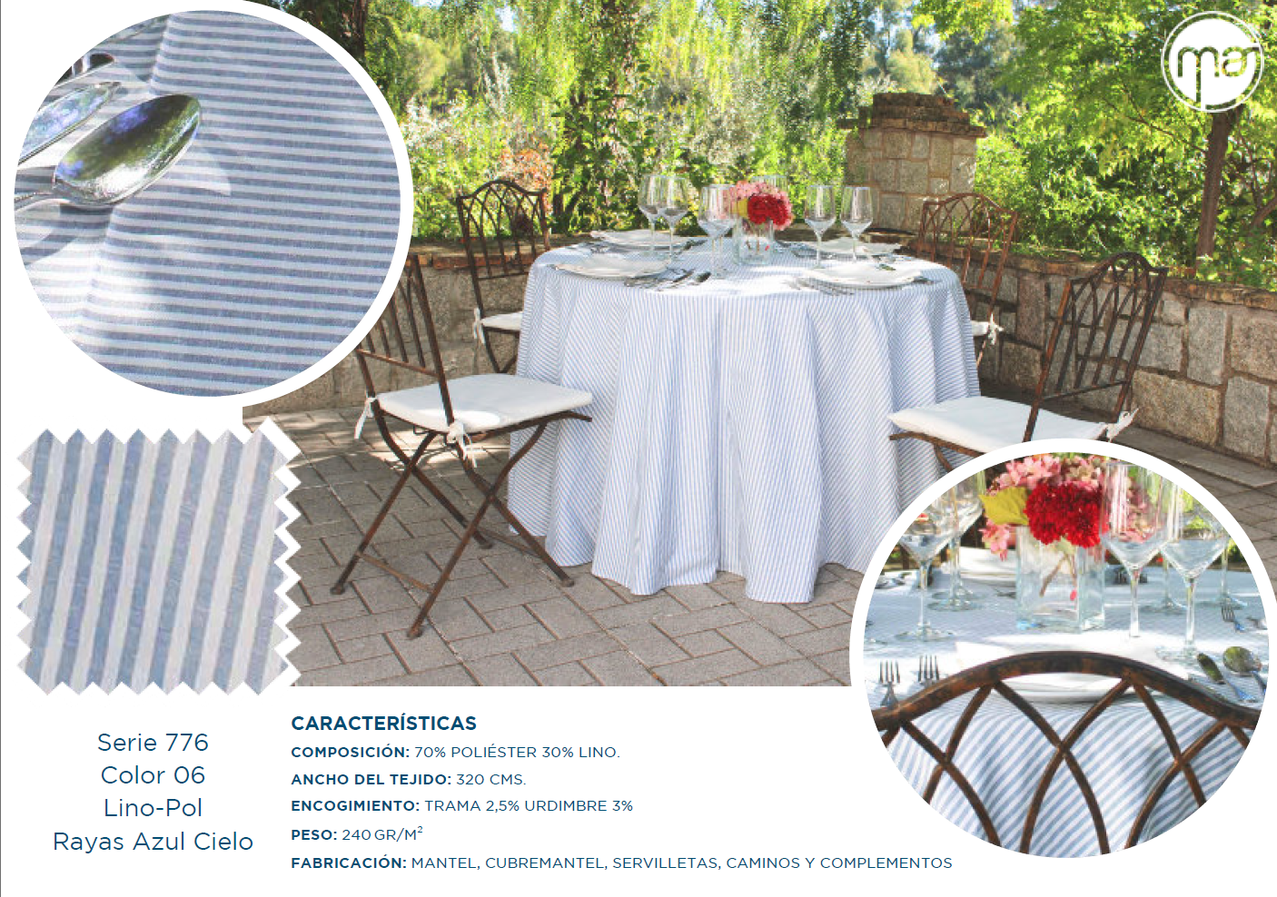 Una mesa con un mantel azul y blanco y sillas.