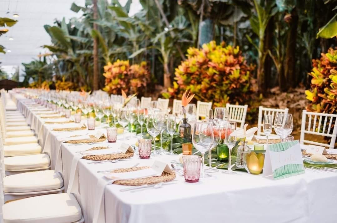 Una mesa larga con muchos vasos y flores encima.