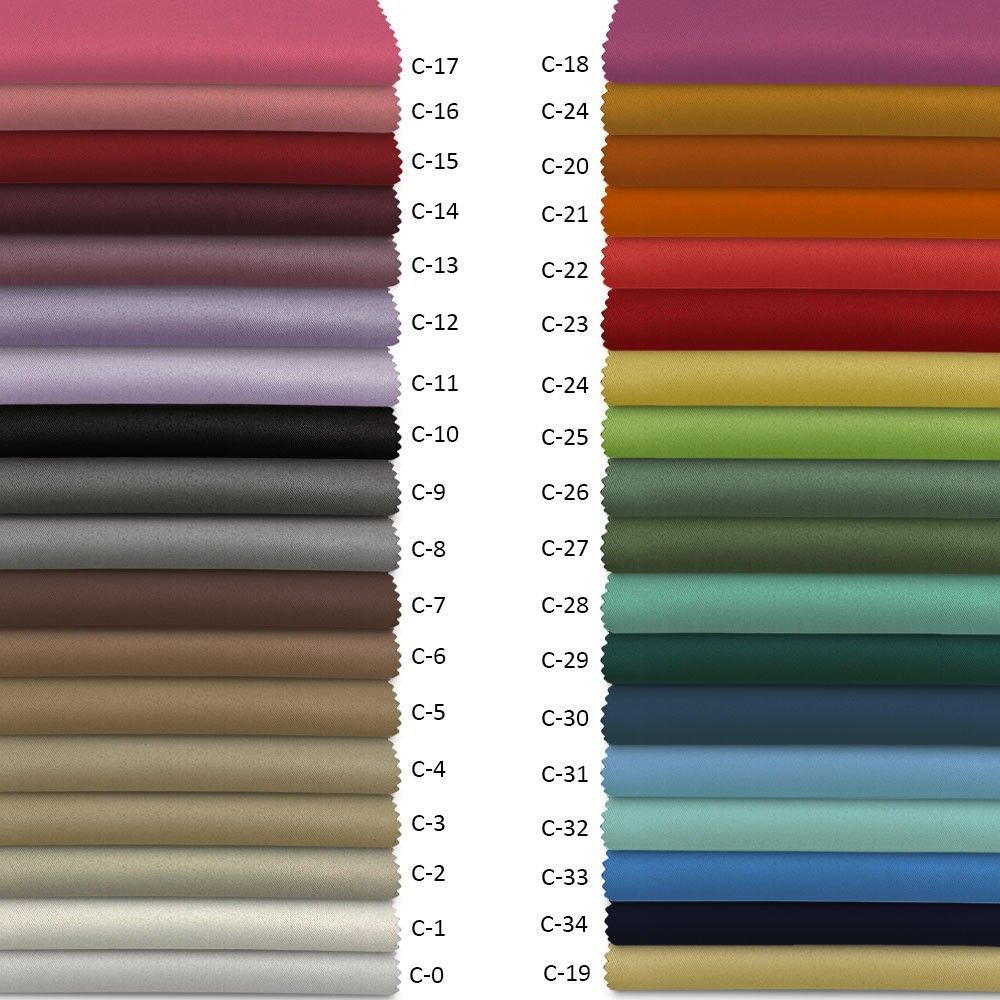 Muestras de color, varios tonos desde rosa hasta azul marino, etiquetados del C-0 al O-34.