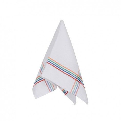 Una toalla blanca con rayas de arcoíris.