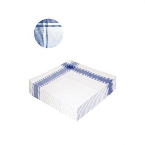 Una pila de servilletas con un estampado de cuadros azules y blancos.
