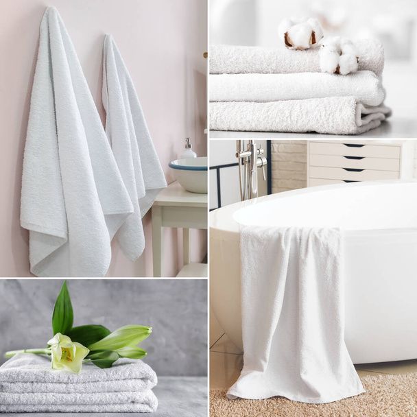 Un collage de toallas blancas en un baño.