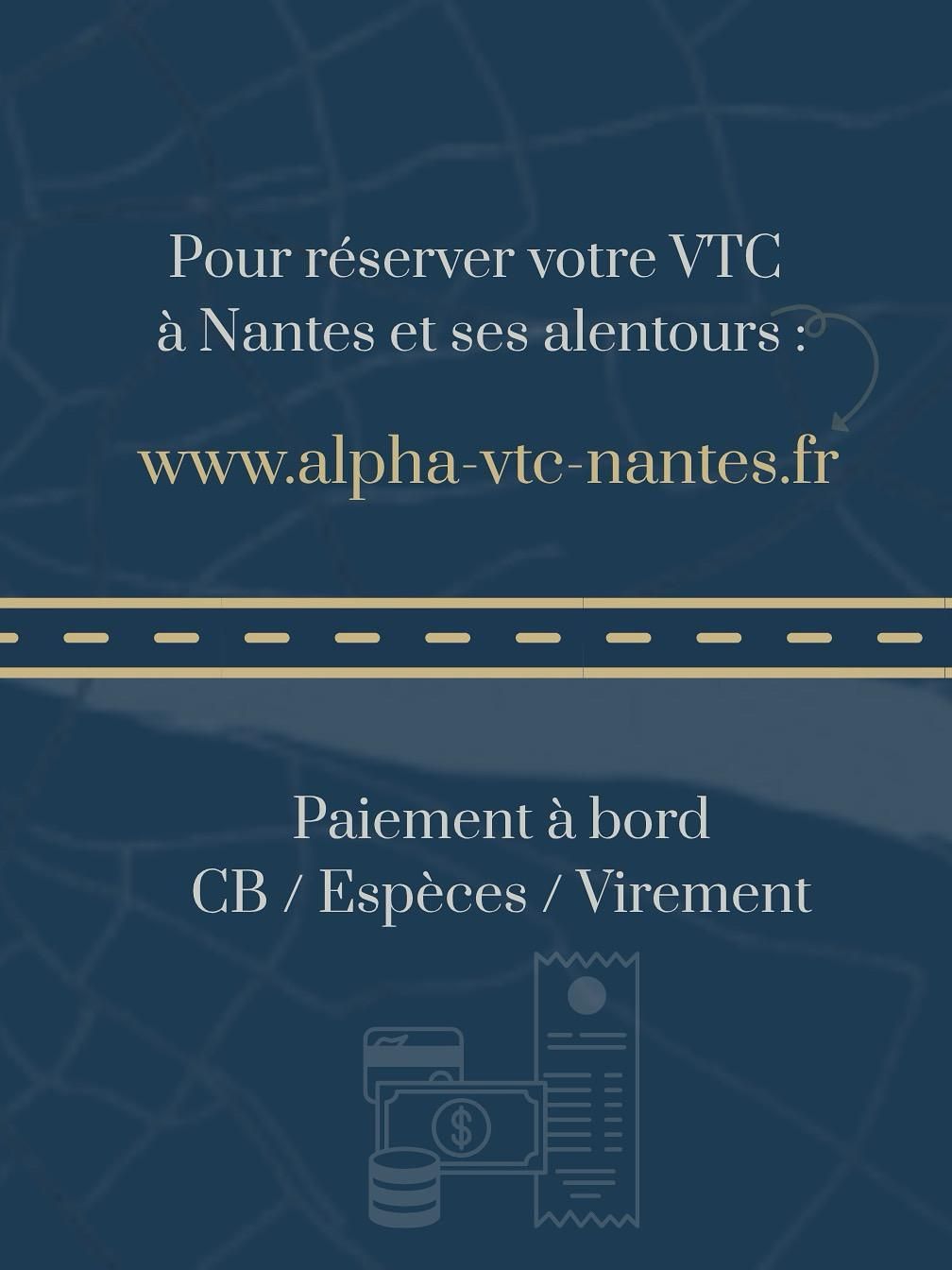 Publicité bleue pour réserver un VTC à Nantes et alentours, avec site web et paiement à bord.