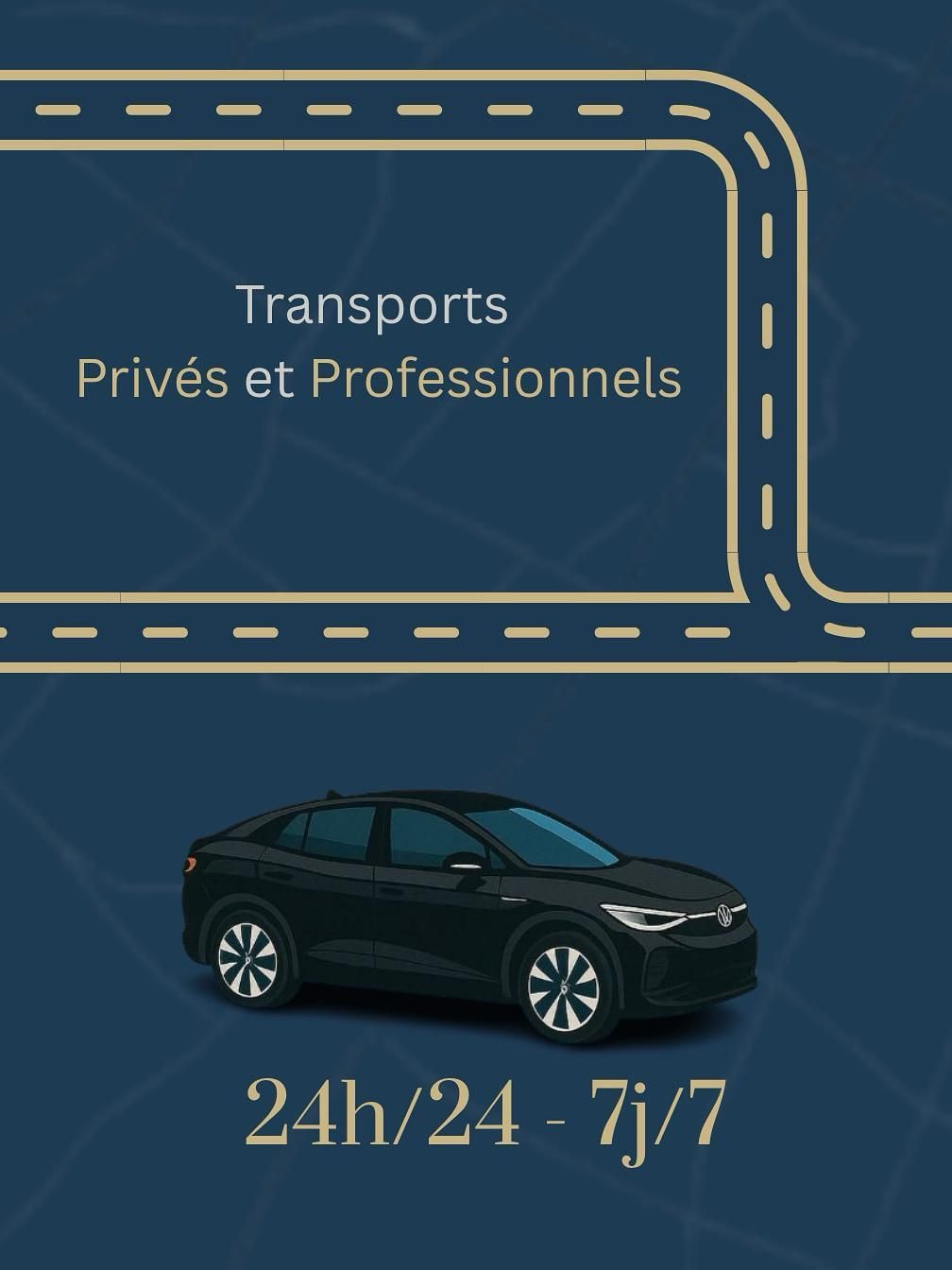 Publicité bleu foncé pour transport professionnel privé, avec une voiture noire.