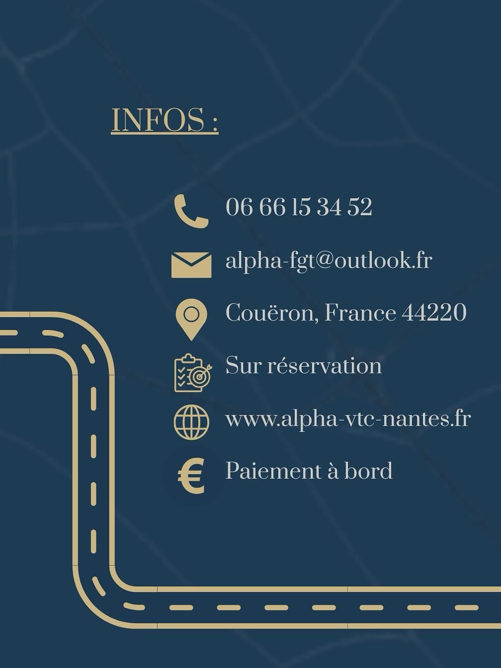 Infos de contact sur fond bleu, avec icônes pour téléphone, courriel, adresse, réservation, site web et paiement.