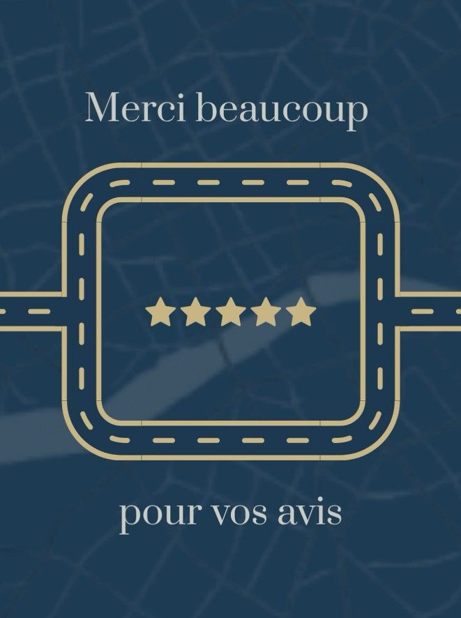 Merci beaucoup pour vos avis, avec cinq étoiles sur une carte de remerciement bleue et or.