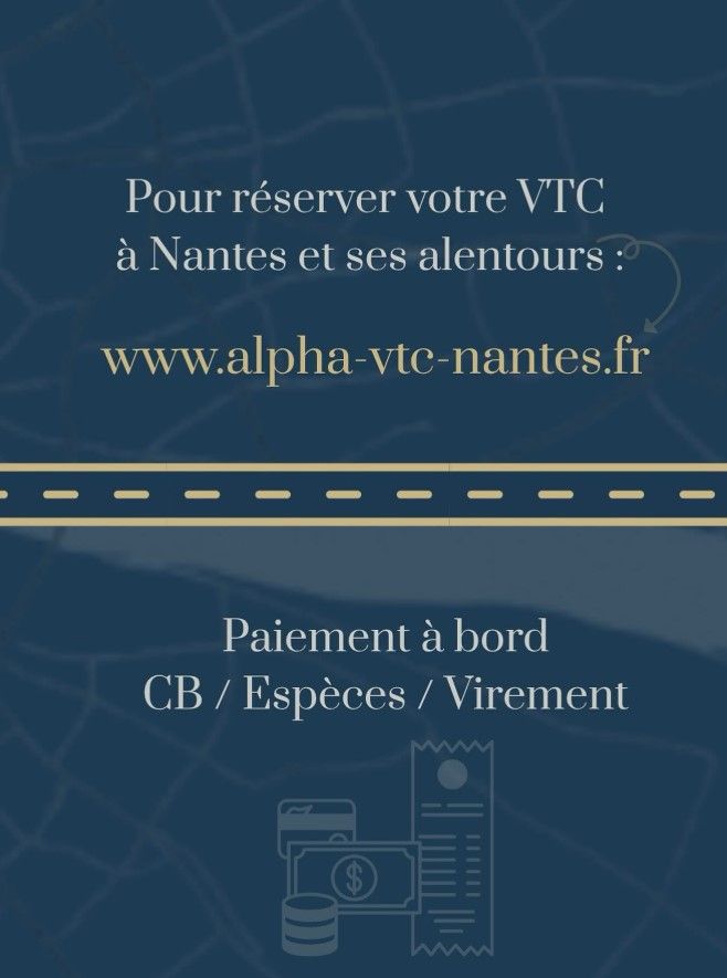 Publicité bleue pour réserver un VTC à Nantes et alentours, avec site web et paiement à bord.