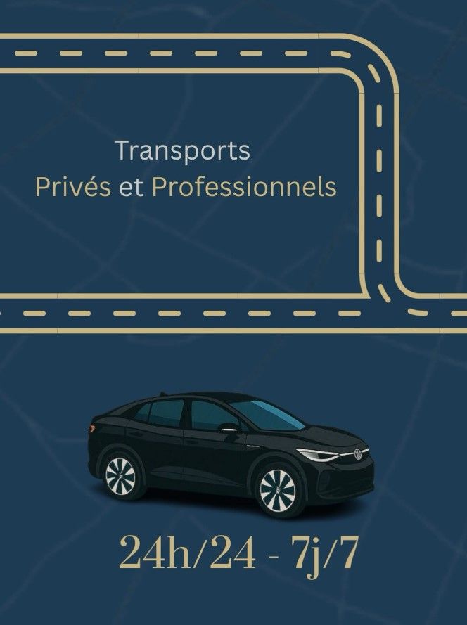 Publicité bleu foncé pour transport professionnel privé, avec une voiture noire.
