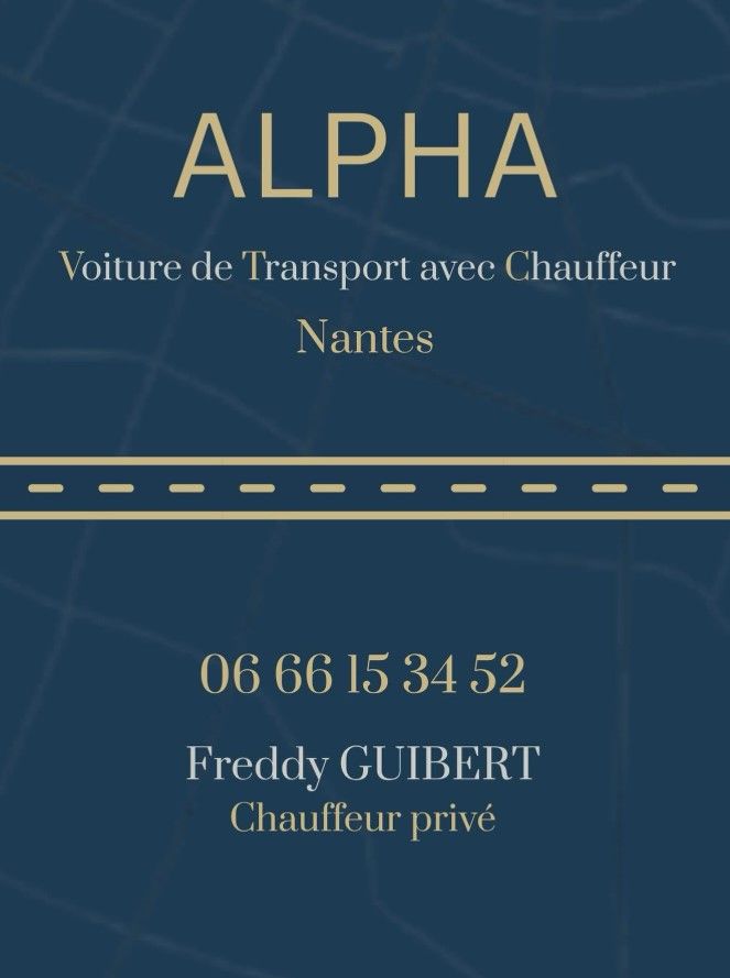Carte de transport privé ALPHA bleue et dorée pour Nantes, avec numéro de téléphone et nom du chauffeur.