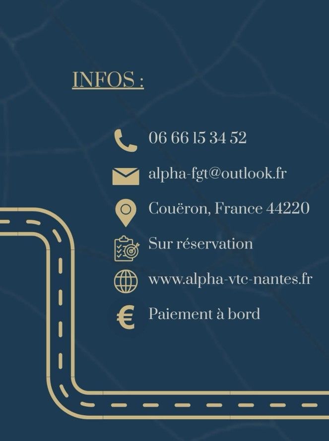Infos de contact sur fond bleu, avec icônes pour téléphone, courriel, adresse, réservation, site web et paiement.