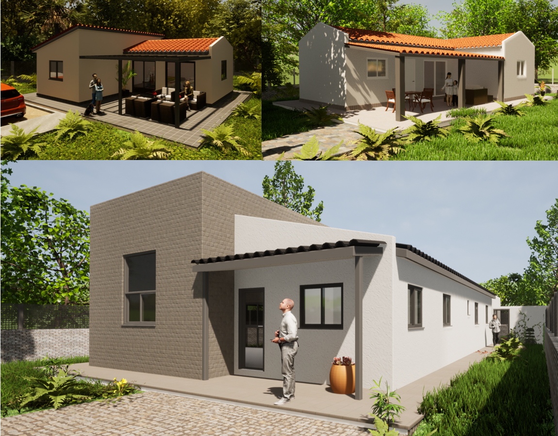 Impresión artística de una casa con techo rojo.
