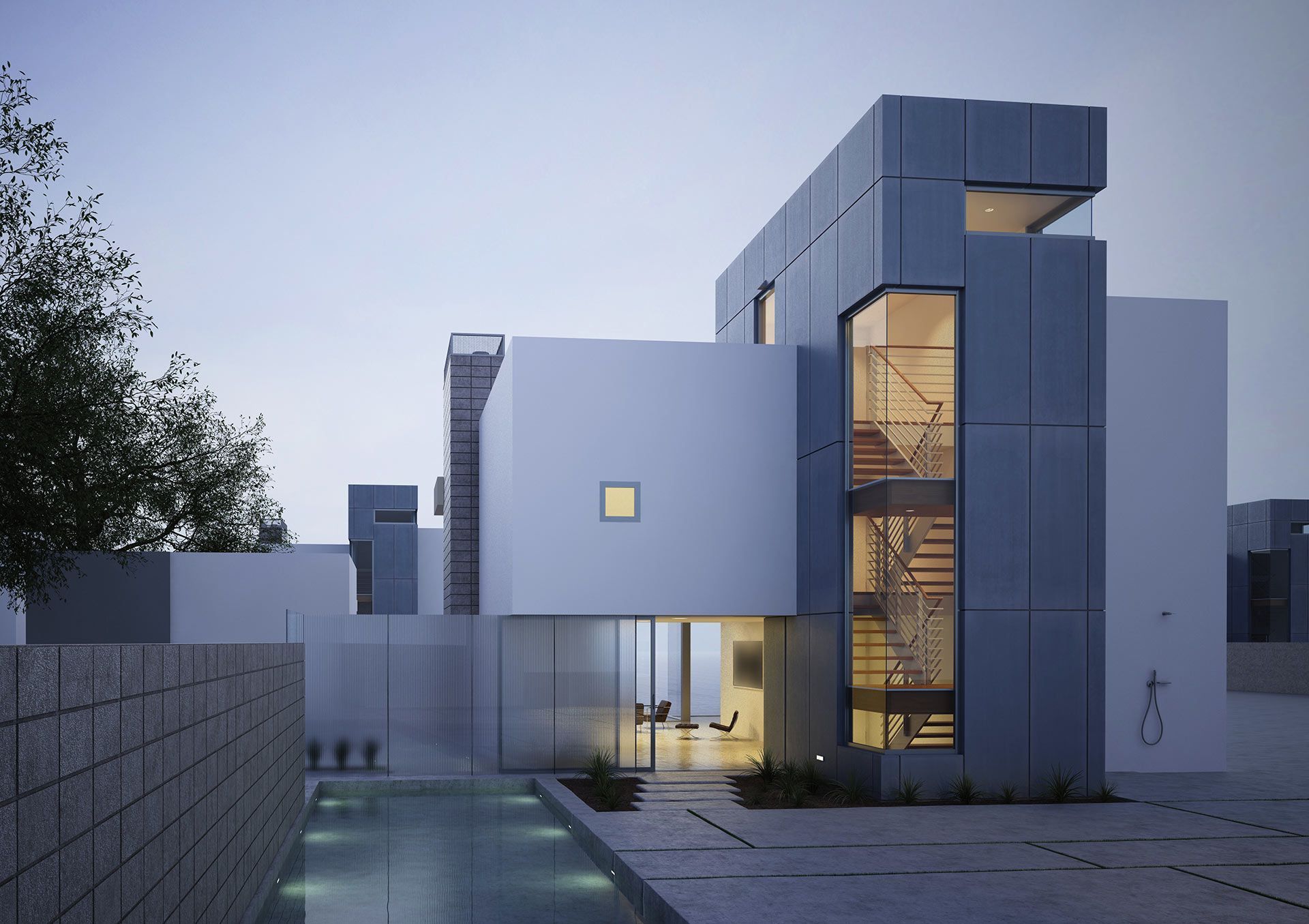 Una casa moderna con piscina en frente.