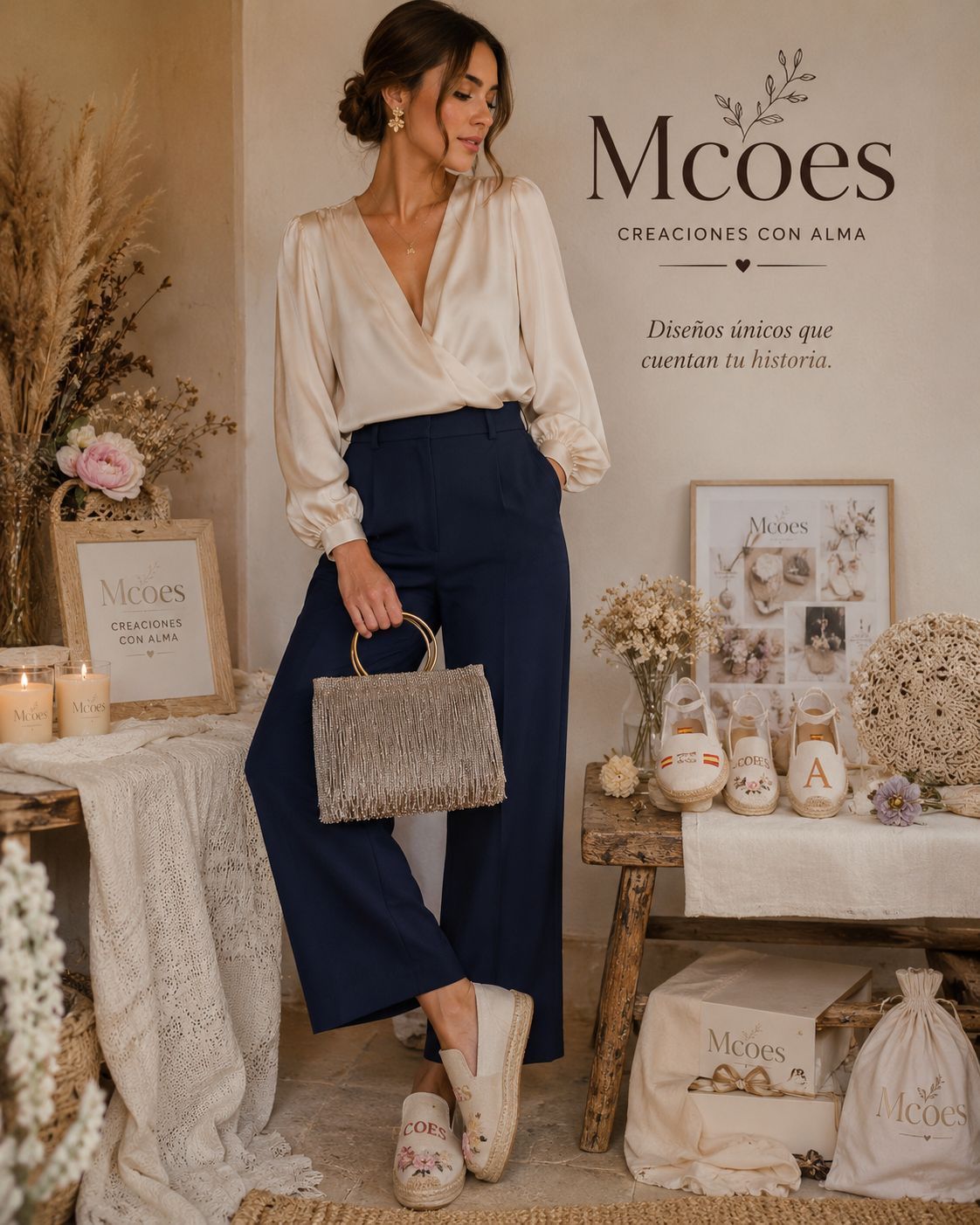 Mujer con blusa color crema y pantalones azul marino posando en un acogedor escaparate de boutique con velas, decoración y un bolso de mano tejido.
