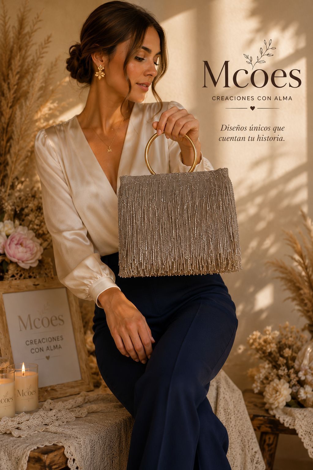 Una mujer sentada en un estudio de tonos cálidos sostiene un bolso texturizado junto a un expositor con el logotipo de Mcoos.