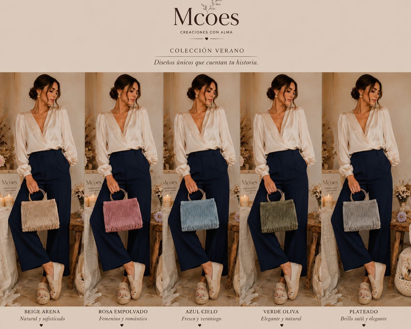 Collage de moda de una mujer modelando cinco bolsos en color crema, rosa, azul, verde oliva y beige.