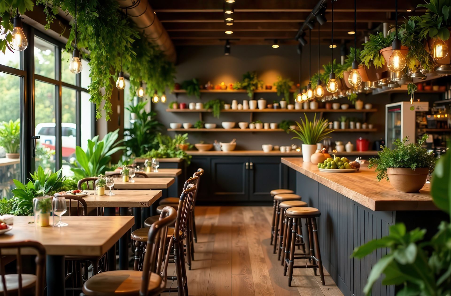 Interior de un café con mesas de madera, barra y estantes llenos de plantas y frascos, iluminado por cálidas luces de techo.
