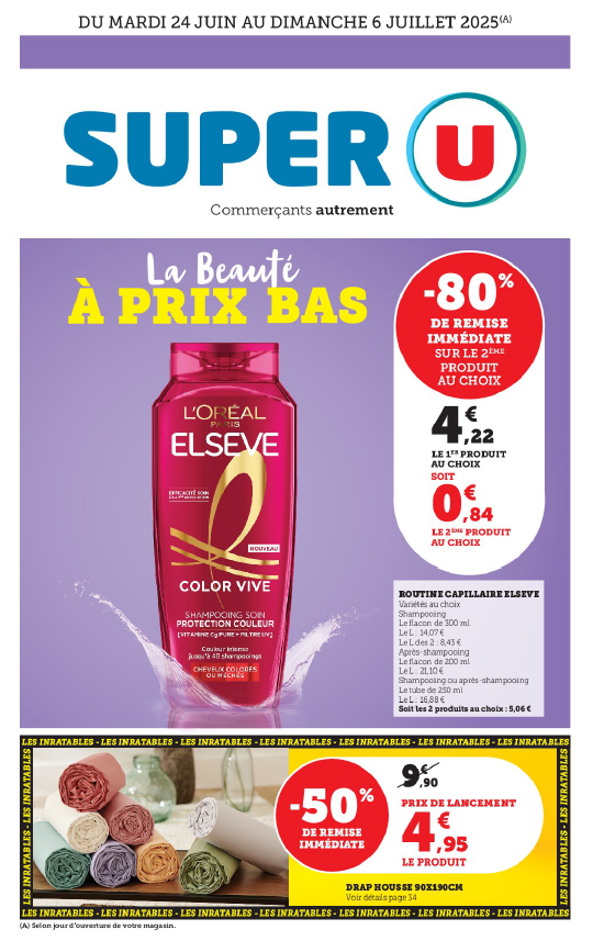 80 % de remise immédiate sur le second produit au choix de routine capillaire Elseve soit 5,06 € les 2 produits (4,22 € le premier produit au choix et 0,84 € le second produit au choix). Variétés au choix. Shampooing flacon de 300 ml (soit 14,07 € le litre et 8,43 € le litre si par lot de 2). Après-shampooing flacon de 200 ml (21,10 € le litre). Shampooing ou après-shampooing le tube de 250 ml (16,88 € le litre). 50 % de remise immédiate, prix de lancement sur les draps-housses 90 X 190 cm soit 4,95 € au lieu de 9,90 €.