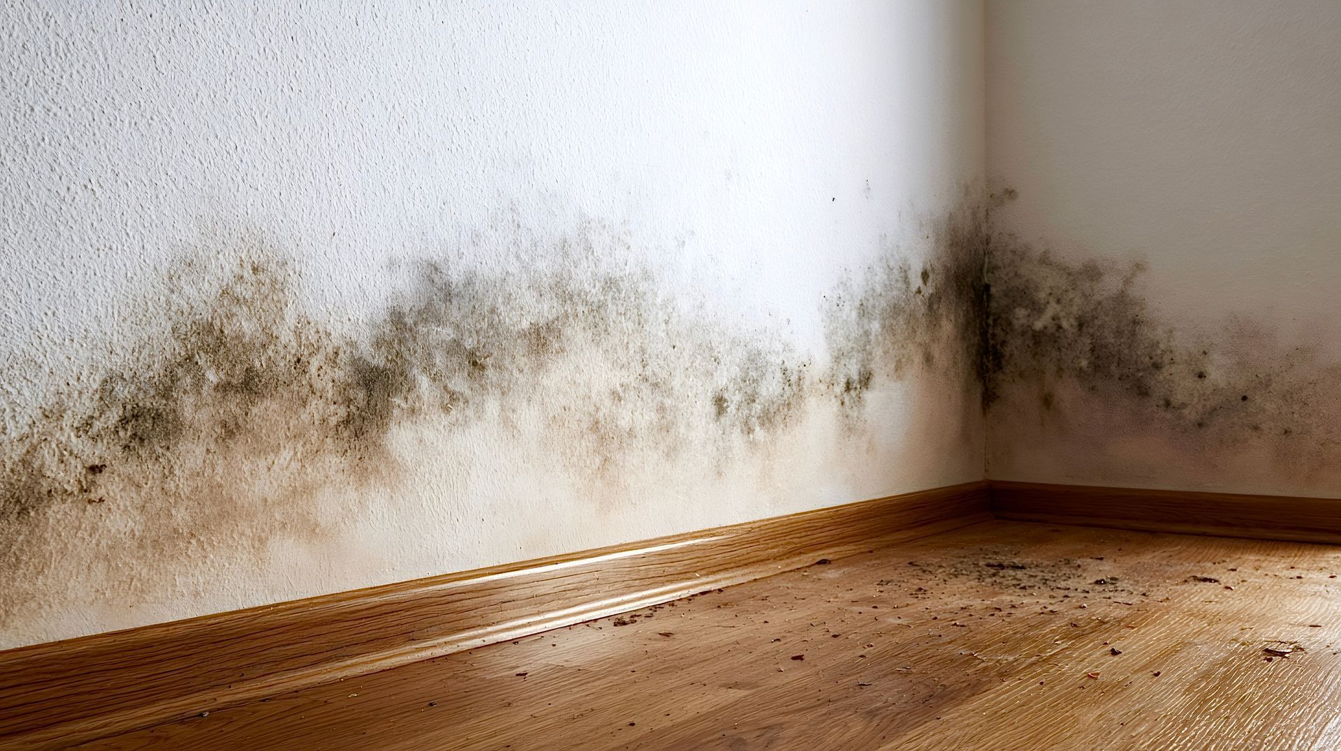 Taches de moisissure et d'humidité le long d'un mur blanc dans un coin de pièce nue avec un sol en bois.