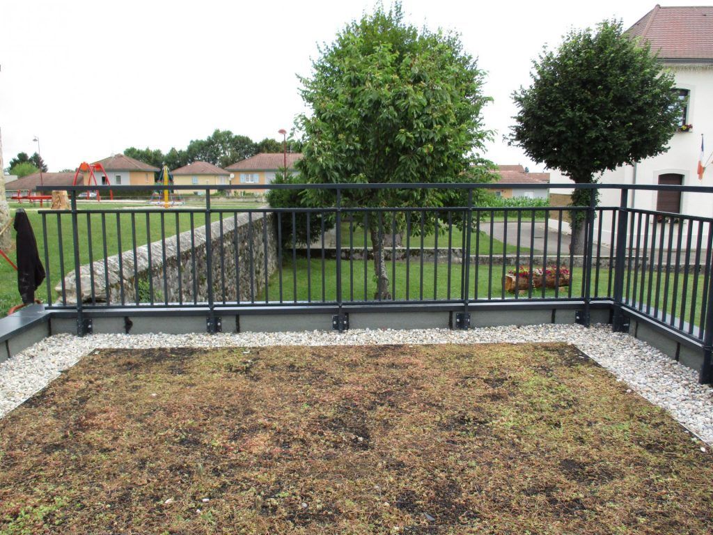 Terrasse végétalisée avec balustrade en métal noir.