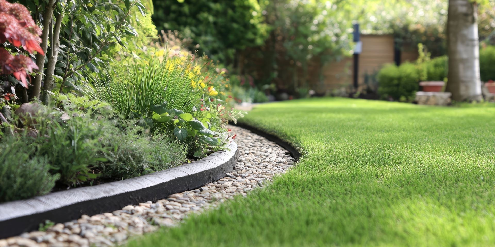 Bordure de jardin en pierre incurvée jouxtant une pelouse verdoyante et des arbustes fleuris dans une cour ensoleillée