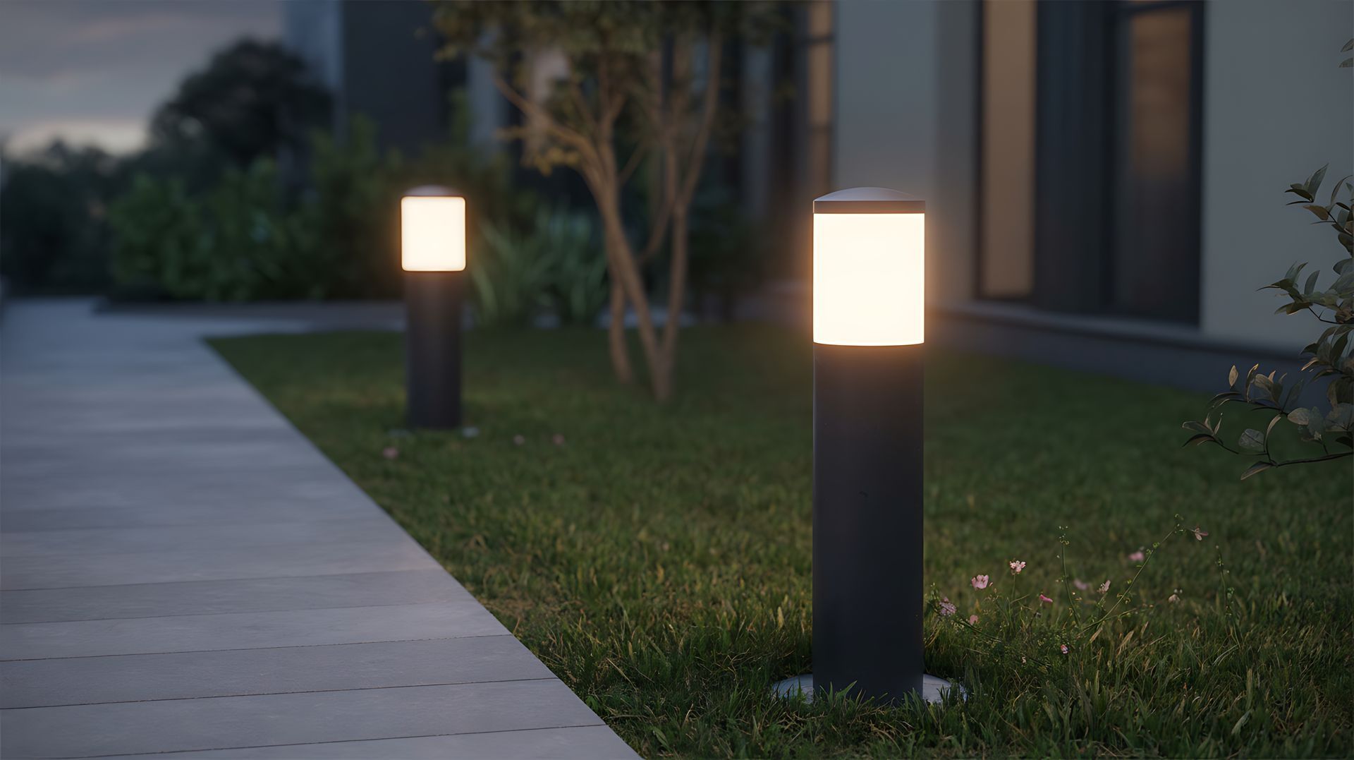 Allée moderne avec des lampadaires carrés lumineux au bord de l'herbe au crépuscule