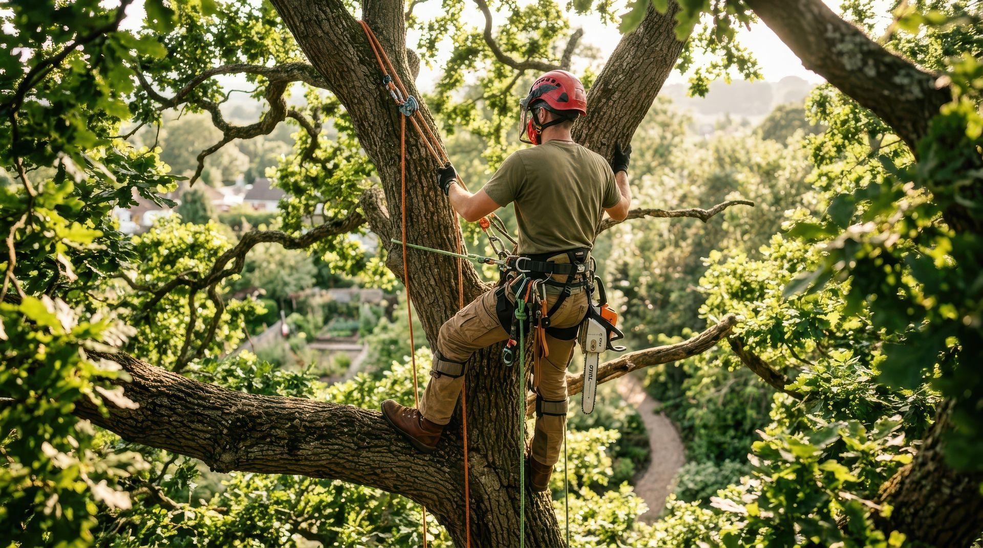 Un arboriste en tenue de sécurité grimpe à un grand arbre, entouré d'un dense feuillage vert forestier.