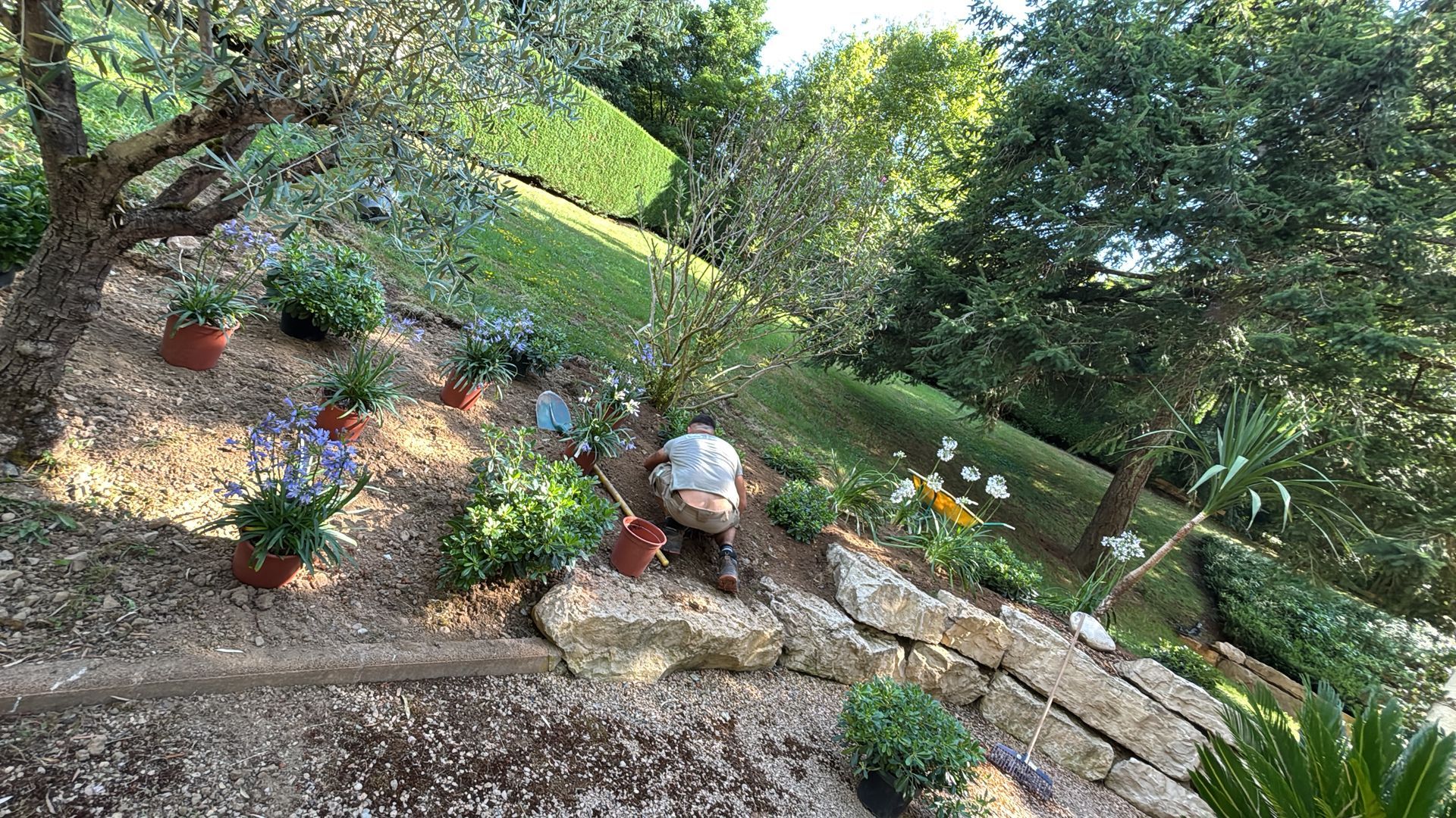 Parterre en pente avec fleurs en pot, bordure en pierre et arbres en arrière-plan